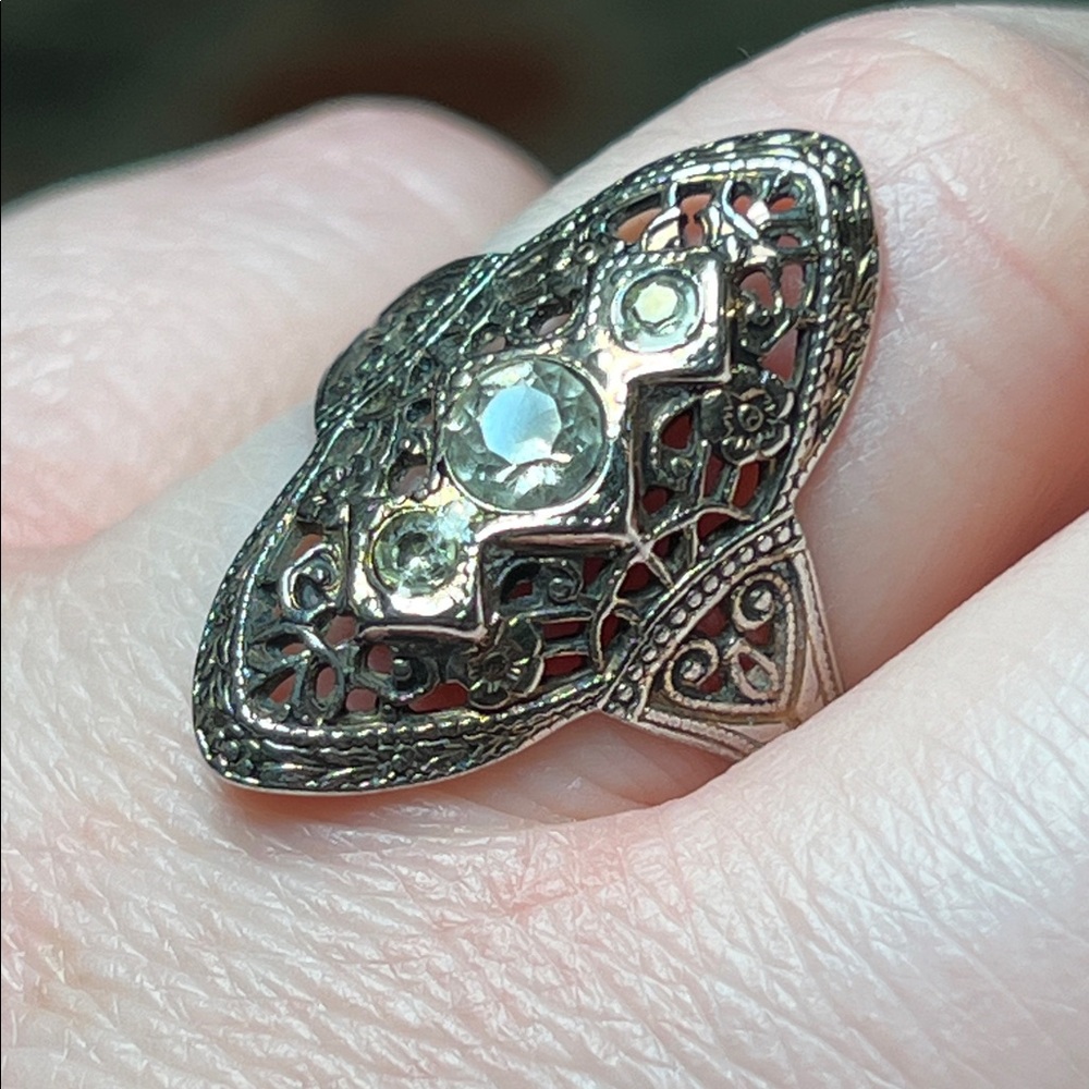 Antique Art Deco Ornate Filigree Sterling Silver Paste Diamond Statement Ring